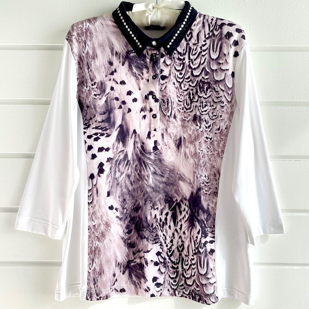 Golfino Women's Feather Printed 3/4 Sleeve Collared Golf Top Size XL/14